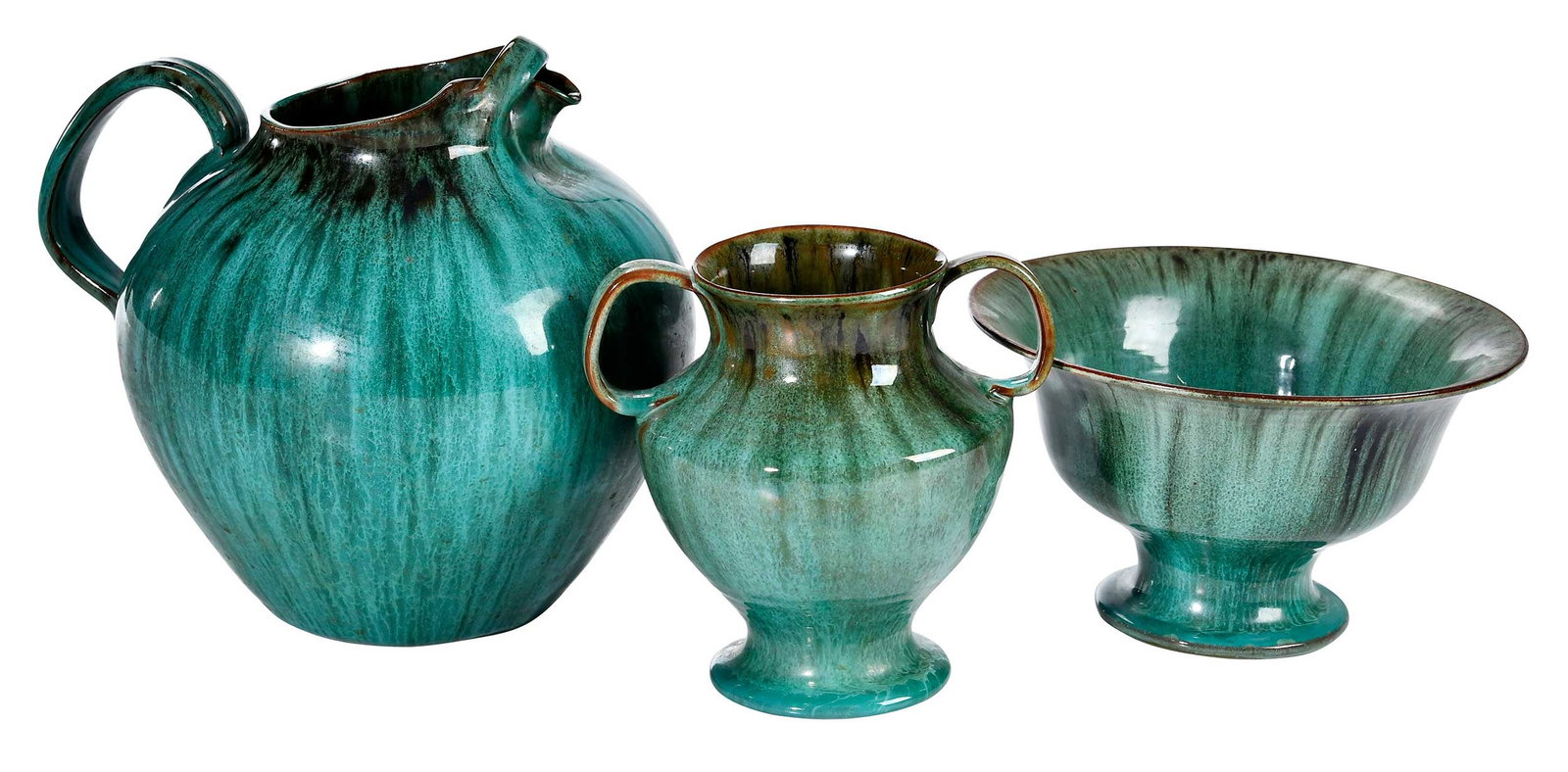 Three Pieces of J.B Cole Pottery Attributed North Carolina Pottery: Steeds, Montgomery County, circa 1940s and 1950s, all with malachite glazes, bulbous pitcher with strap over pulled spout, arched tailed strap handle, 8-1/4 in.; footed flared bowl, 4-1/2 x 8 in.; foo