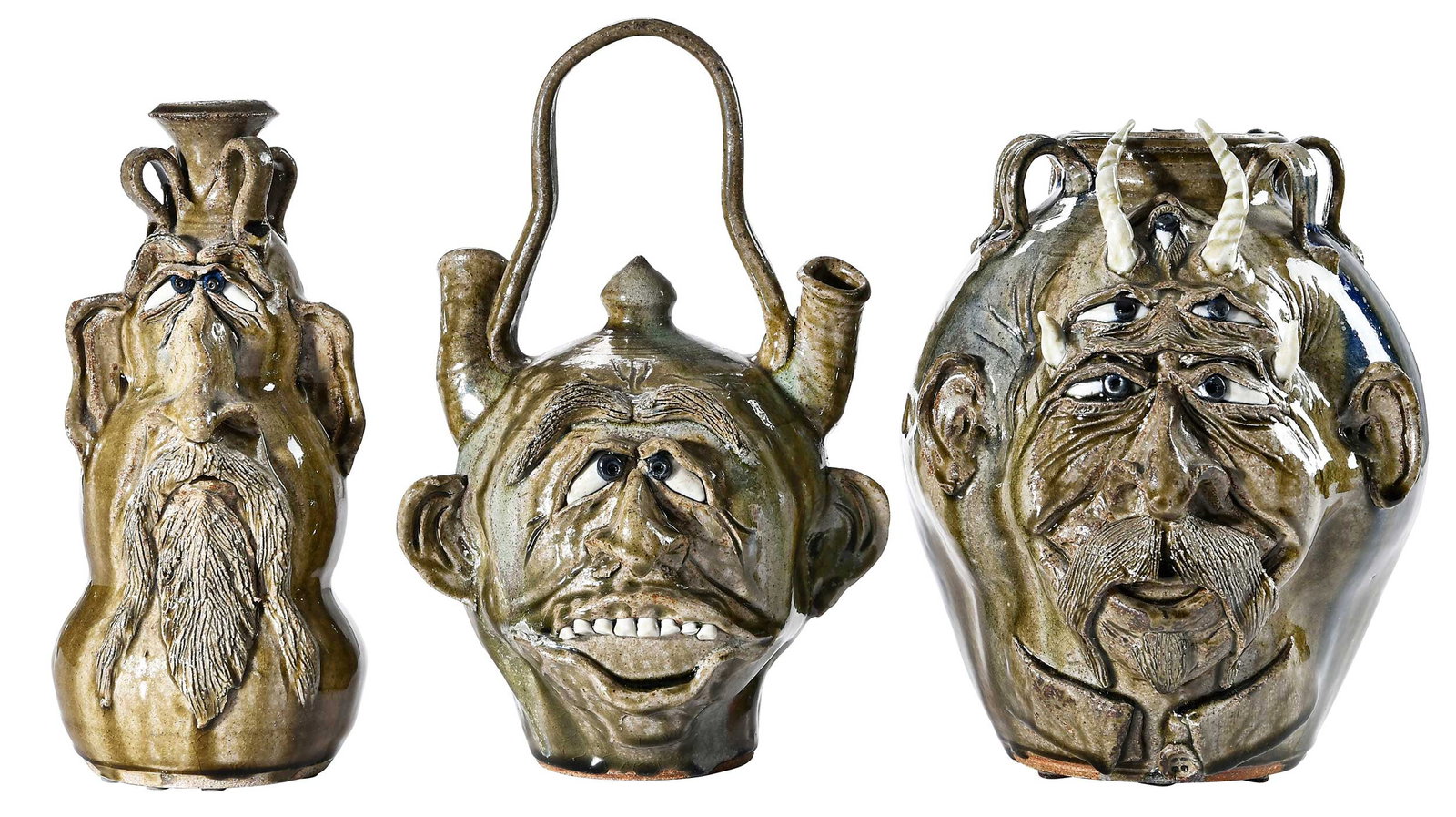 Three Hal Dedmond North Carolina Folk Pottery Face Vessels (1 of 14)