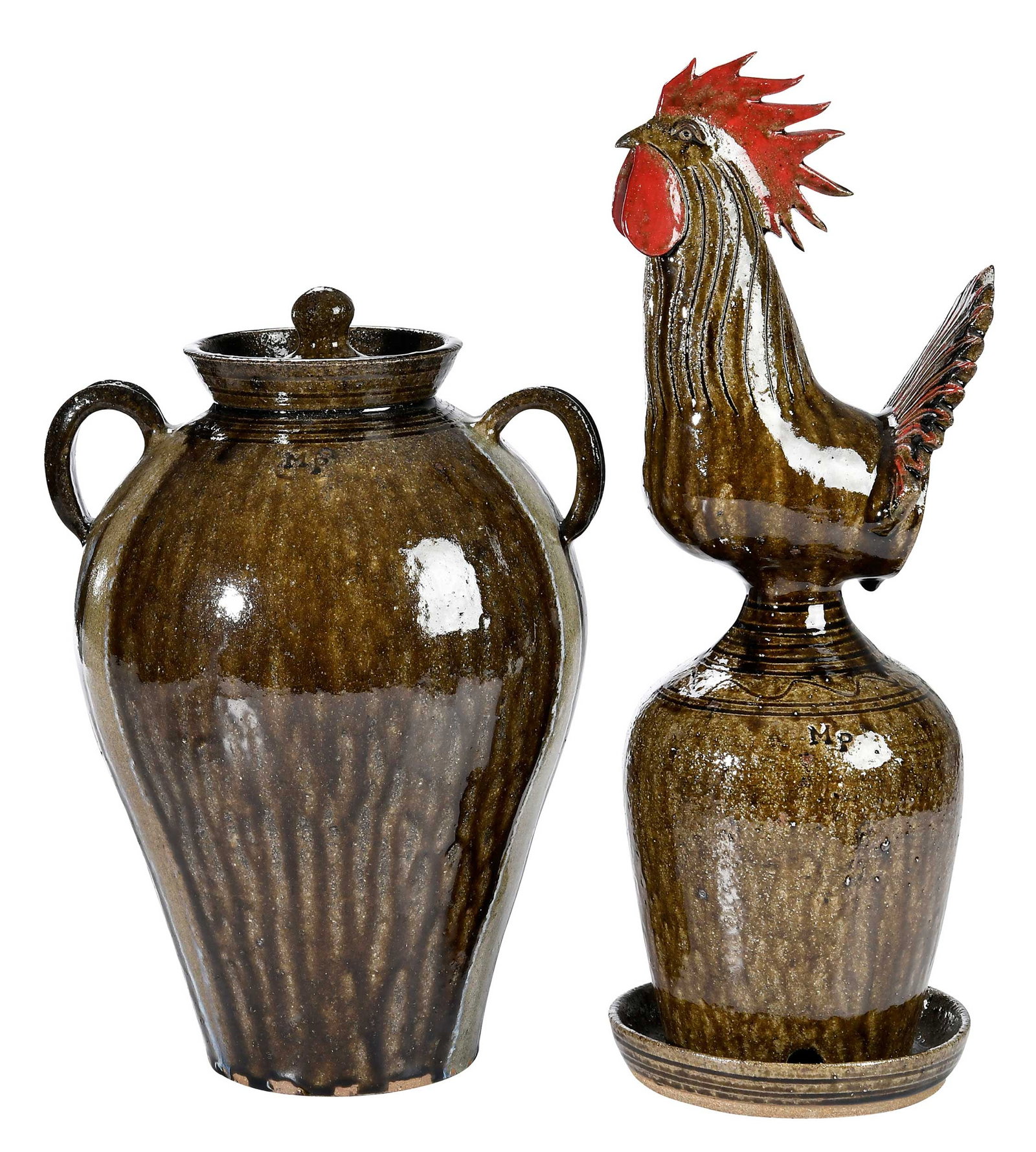 Two Pieces of Michael Plunkett North Carolina Pottery: Vale, North Carolina, contemporary, lidded jar with runny green alkaline glaze, glass melt runs down from arched strap handles, flared rim, lid with knob finial, inscribed on base "Michael / Plunkett 