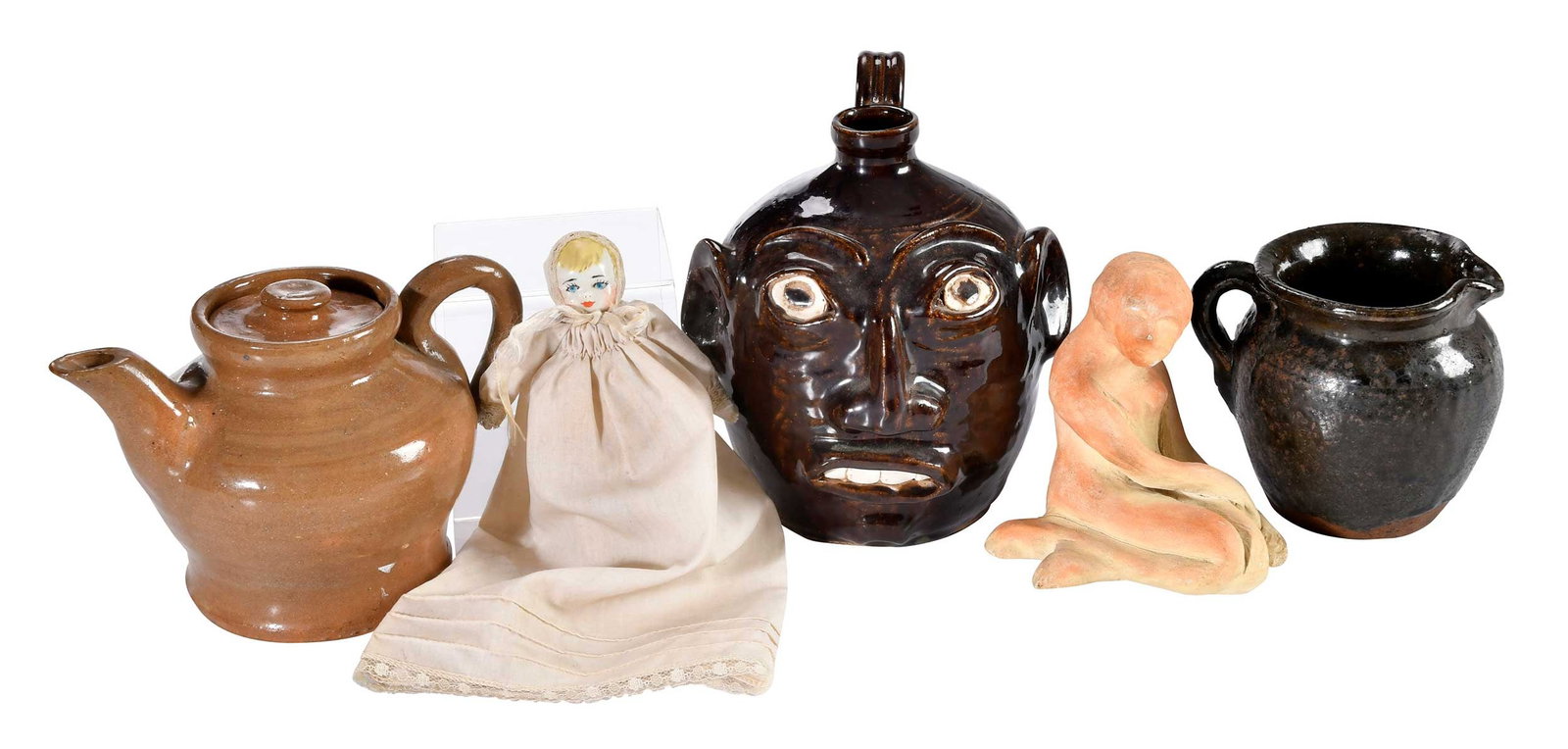 Four Pieces of Southern Pottery and Signed Ernestine Hilton Sigmon Porcelain Doll: North Carolina, Kentucky, and South Carolina, Ernestine Hilton Sigmon signed porcelain doll, daughter of E.A. Hilton, circa 1980s, porcelain legs, hands, head and torso, stamped "EAS" on back of torso