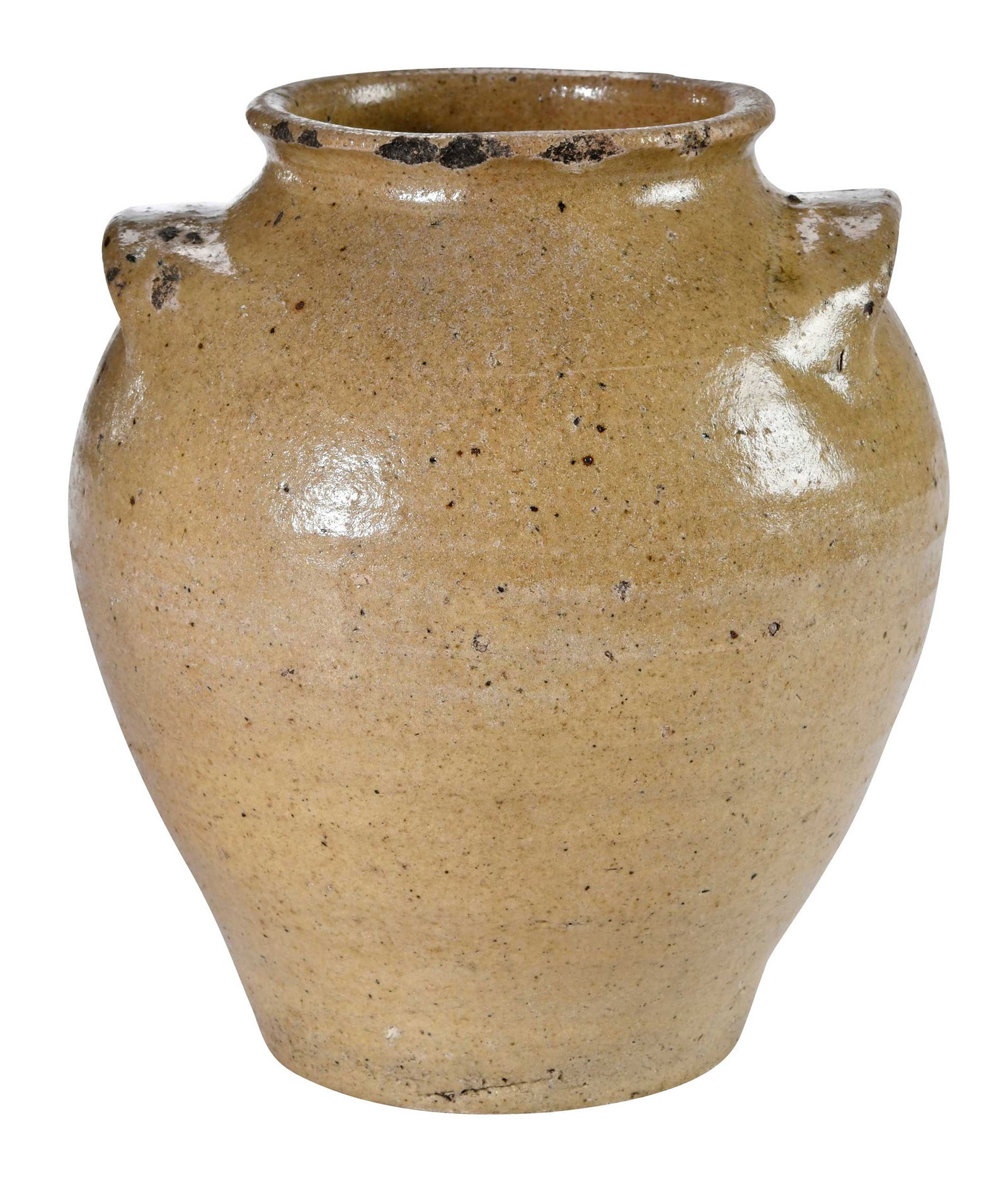 Rare One Gallon Texas or Edgefield District South Carolina Attributed Stoneware Storage Jar: circa 1840s, light brown alkaline glaze, tapered ovoid form, applied lug handles, curved neck rounded rim, 9-1/2 in. Provenance: Private South Carolina Collection
