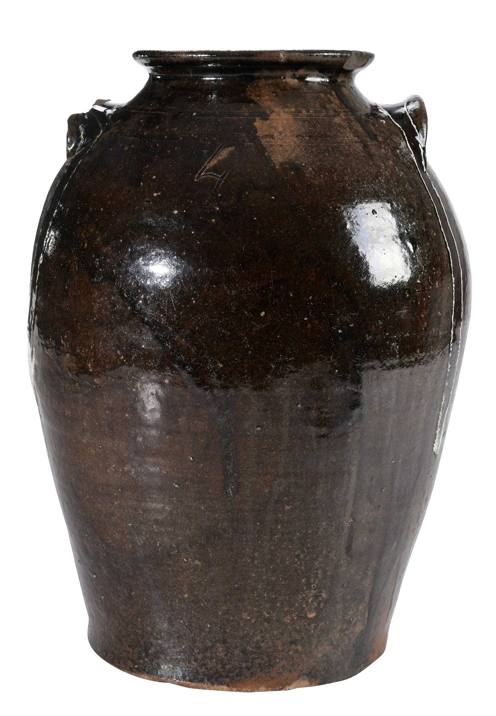 Scarce Upstate South Carolina Decorated Stoneware Jar: late 1800s to early 1900s, runny brown alkaline glaze, rutile, cream and brown melt runs down from two applied lug handles, inscribed "4" at shoulder below incised band decoration at shoulder, flared 