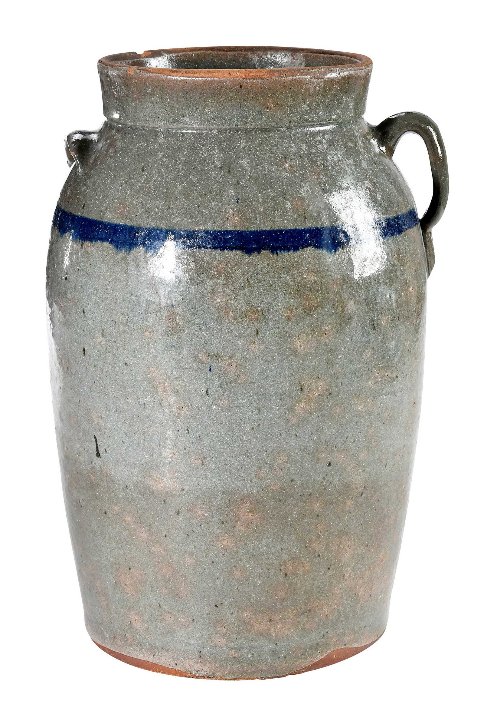 Joseph "Jug" Johnson Attributed South Carolina Stoneware Churn: Lanford Station, Laurens County, South Carolina, circa 1920s, mottled celadon and gray alkaline glaze, applied cobalt line around shoulder, angled arched strap handle and small lug handle, flared rim,