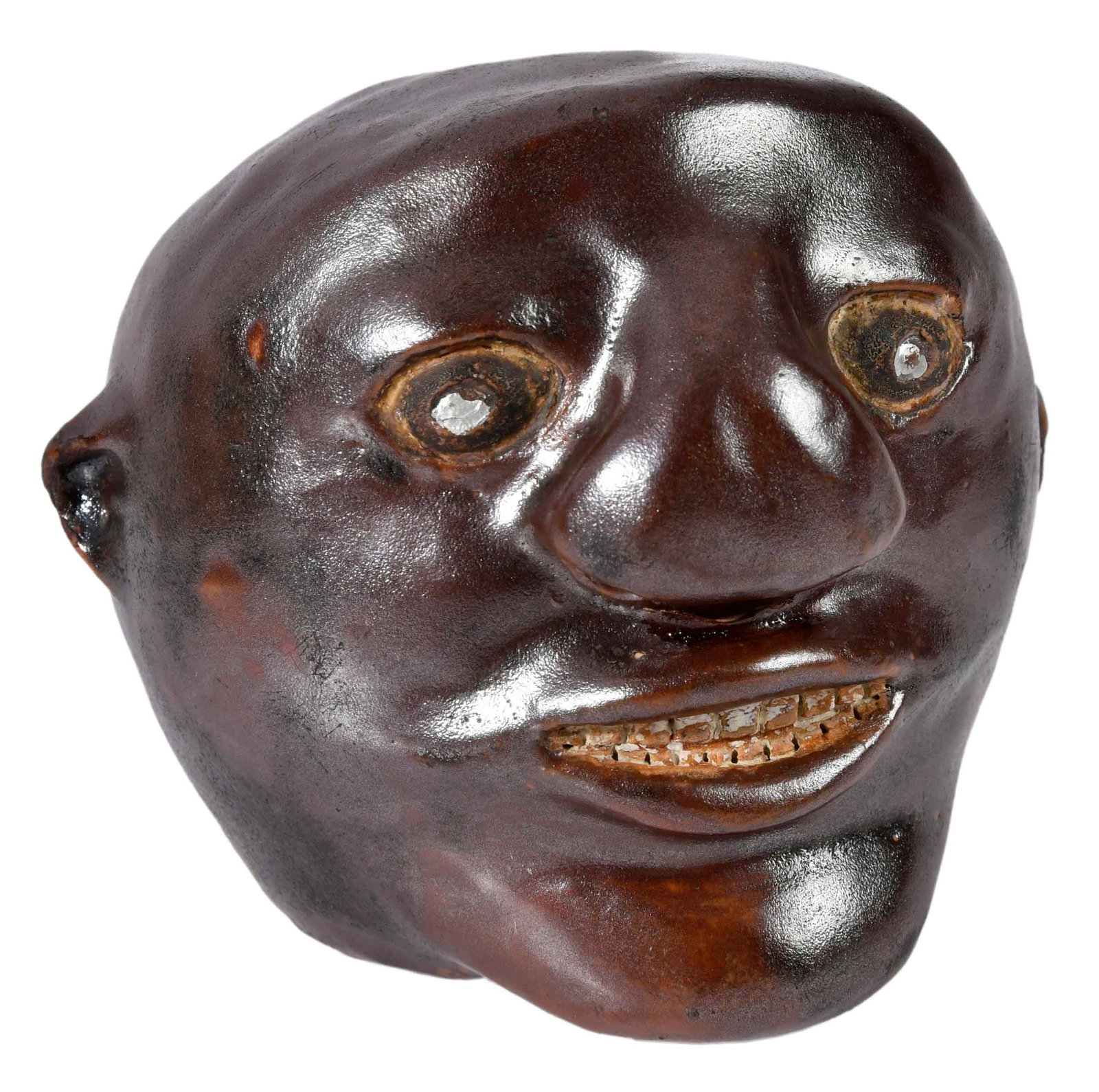 Very Rare Georgia Attributed Southern Stoneware Face Bank: likely late 19th or early 20th century, possibly related to pieces attributed to the Ferguson Family, Barrow, Banks, or Hall Counties, Albany slip glaze, sculpted facial features including small pinch