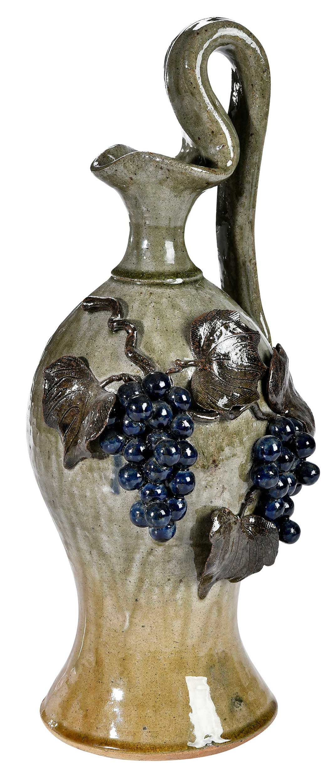 Large Decorated Michael Crocker Georgia Stoneware Rebekah Pitcher: Lula, Georgia, contemporary, runny light olive green alkaline glaze to upper form, yellowish runny glaze to lower form, large applied olive green and cobalt grapevine decoration to side of form, long 
