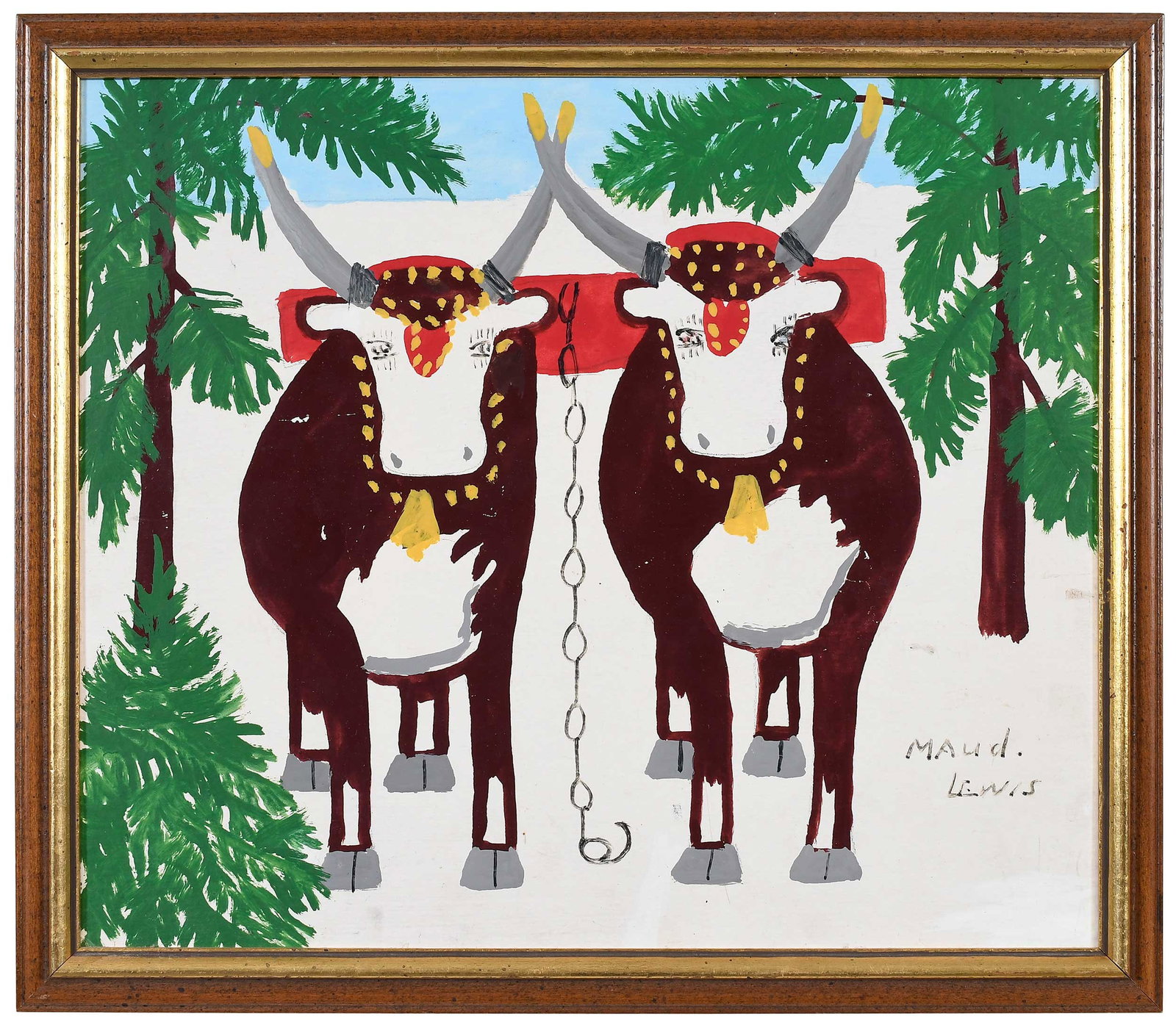 Maud Lewis: (Canadian/Nova Scotia, 1903-1970) Two Oxen in Winter, 1967, signed lower right "Maud Lewis", mixed media, oil, ink, graphite on board, 11-7/8 x 13-7/8 in.; original parcel gilt wood frame, 1