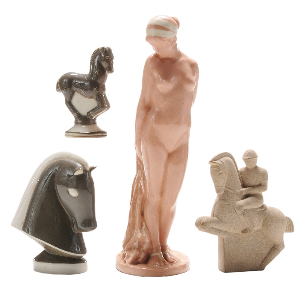 Four Waylande Gregory Ceramic: Table Articles American, 20th century, including an unglazed ceramic figure of a horse and rider, signed "Waylande Gregory," 5-7/8 in., [missing polo stick, minor flakes and spotting]; two Gregory Stu