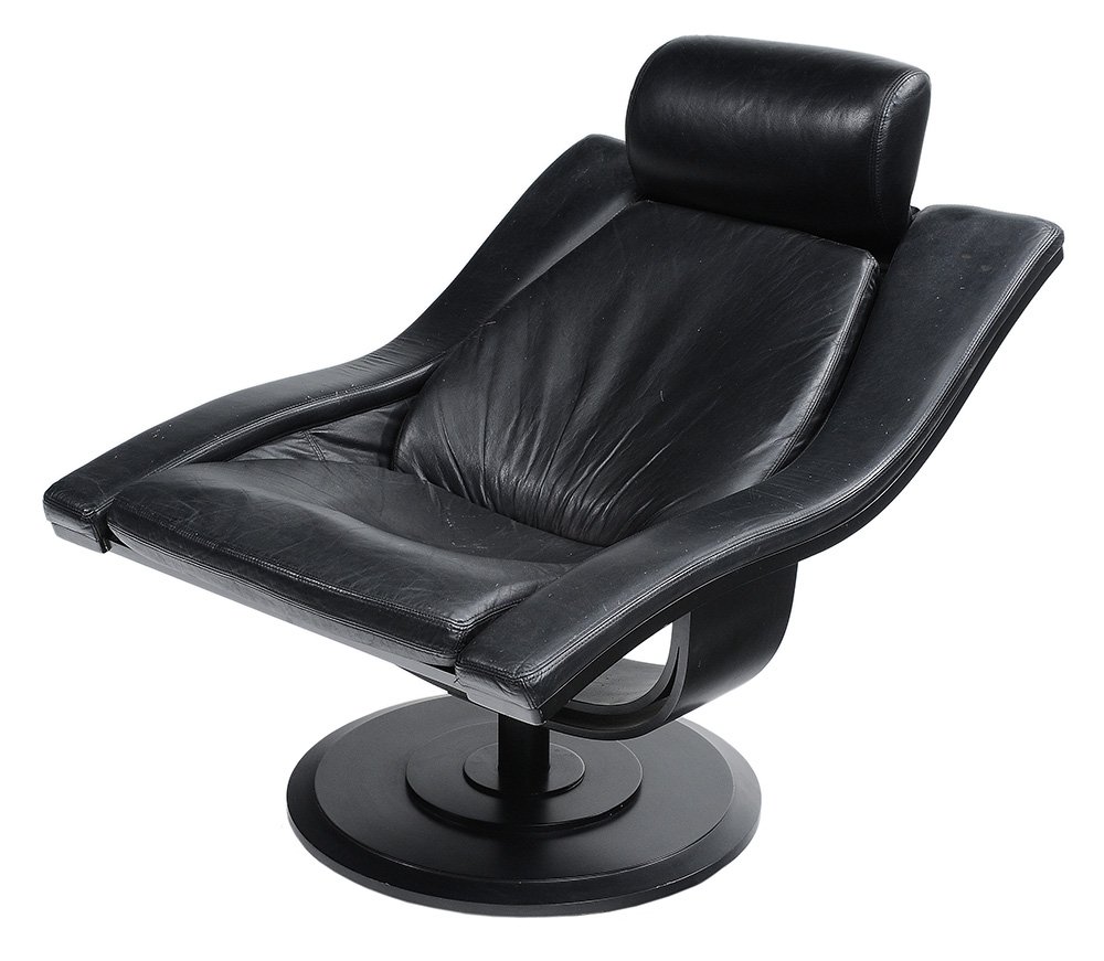 Modern Bentwood and Leather-: Upholstered Reclining Chair designer unknown, probably circa 1980s, soft black leather upholstery on rotating pedestal base, 34-1/2 x 30-1/2 x 37 in., wear, abrasions and surface dirt to leather, ligh