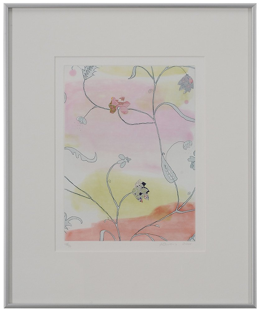Laura Owens: (California/Ohio, born, 1970) Untitled, 2001, edition 43/90, published by Counter Editions, signed lower right "L. Owens 2001", lithograph with collage on paper, 11-7/8 x 8-7/8 in. (plate); metal fram