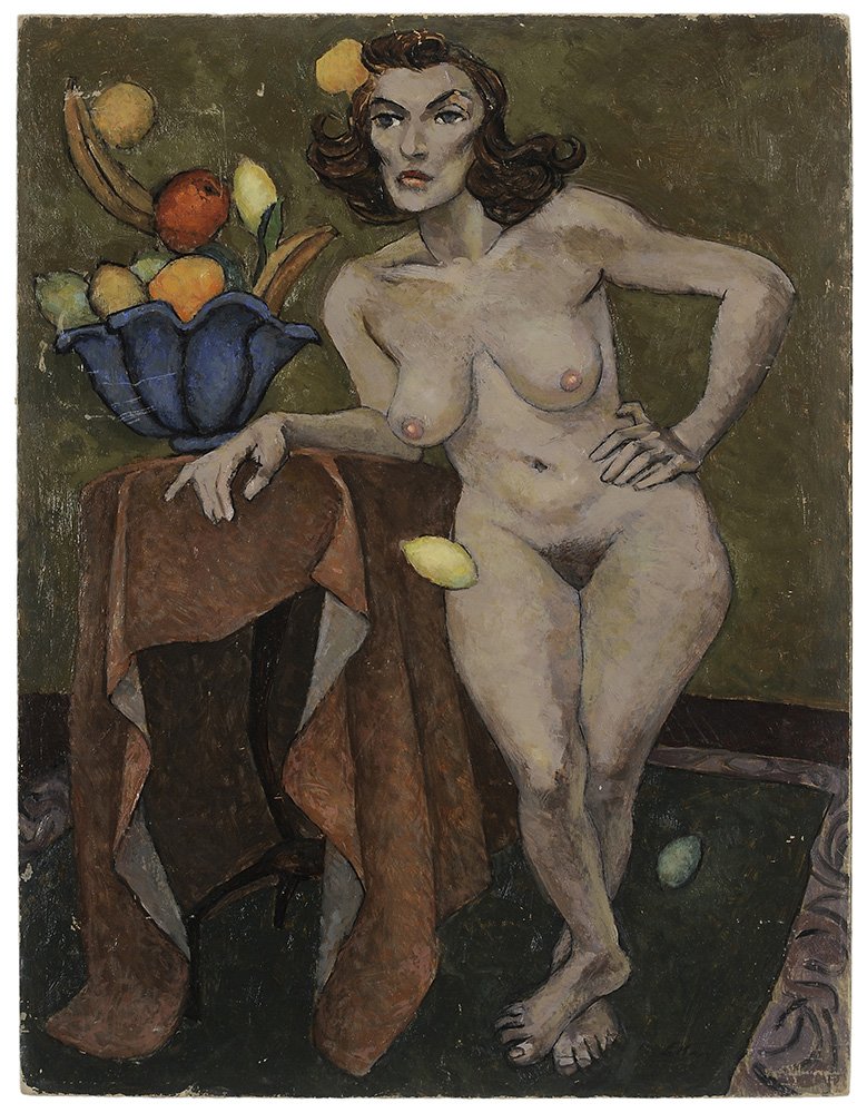 Emlen Pope Etting: (Pennsylvania,1905-1993) Nude with Still Life of Disturbed Fruit, signed lower right "Etting", oil on fiberboard, 20-1/3 x 15-3/8 in.; unframed, abrasions, mostly at edges, light grime Provenance: Pri