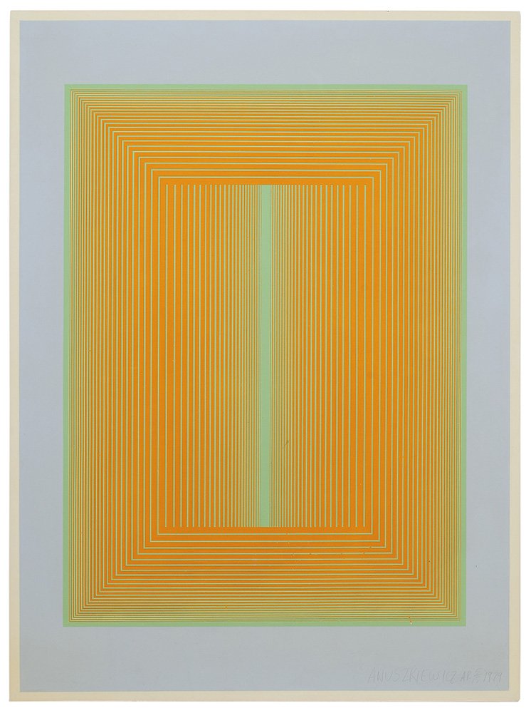 Richard Joseph Anuszkiewicz: (New Jersey, Born 1930) Panel 37, 1979, AP edition 5/15, from (from Reflections II Series), signed lower right "Anuszkiewicz" and stamped verso, color silkscreen on on masonite, 64-5/8 x 46-7/8 in.; u