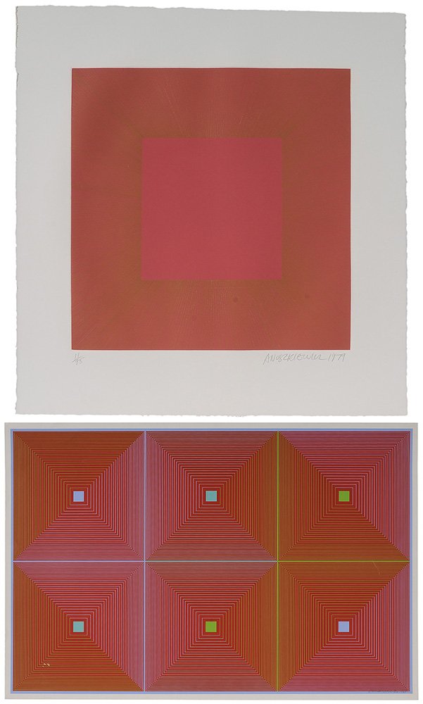 Richard Joseph Anuszkiewicz: (New Jersey, Born 1930) Two screenprints: Red Square, 1979, edition 11/95, 31 x 30 in. (page); Six Squares, 1969, edition 16/200, 25-1/8 x 37 in. (page), [creases and abrasions to ink], both signed lo