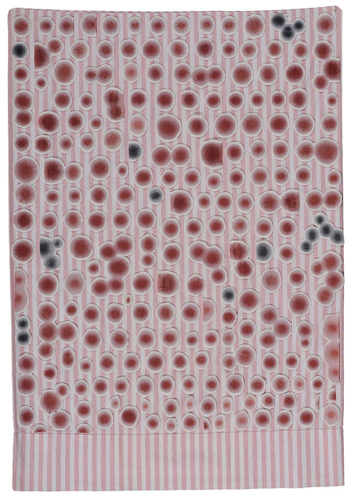 Polly Apfelbaum: (New York/Pennsylvania, born 1955) "Red Dots", unsigned, pillowcase with applied painted velvet, 31-1/2 x 22 in.; good condition Provenance: Private Collection