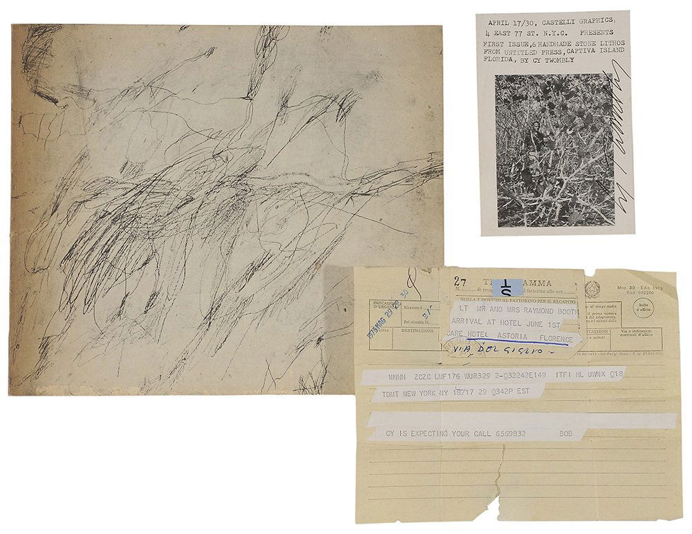 Cy Twombly Related Archive: (Virginia/New York/Italy, 1928-2011) Three pieces: Costello Graphics exhibition announcement signed "Cy Twombly"; [Cy Twombly: Paintings, Drawings, Constructions 1951-1974,] Institute of Contemporary