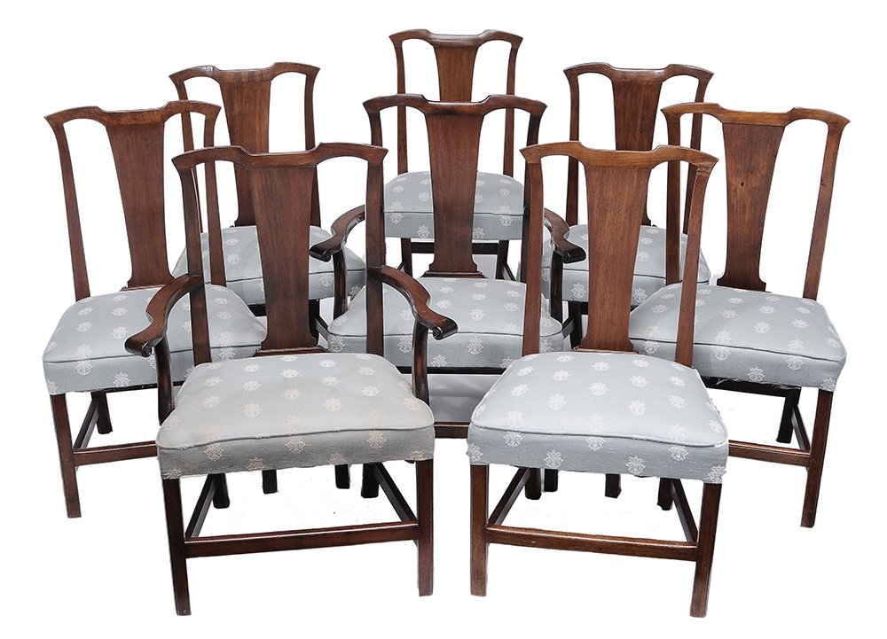 Five Southern Chippendale Walnut: Dining Chairs possibly Virginia, late 18th century, each with yoke crest and solid splats, over-the-rail upholstered seat, walnut with maple secondary, [generally good condition, one with break and re