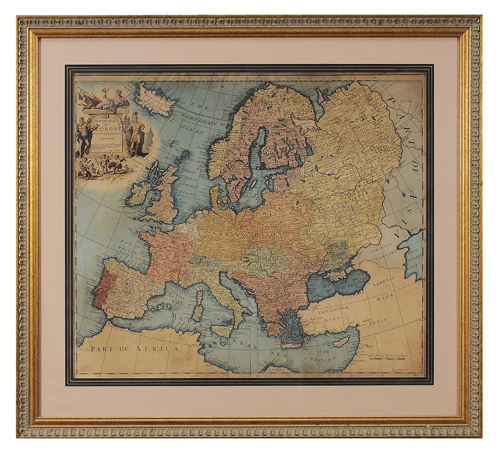John Senex Map of Europe: A New Map of Europe From the Latest Observations, "Inscribed to the Honorable Samuel Molyneux, Esq., Secretary to His R.H. the Prince" by John Senex, undated, circa 1720, double page hand-colored engr