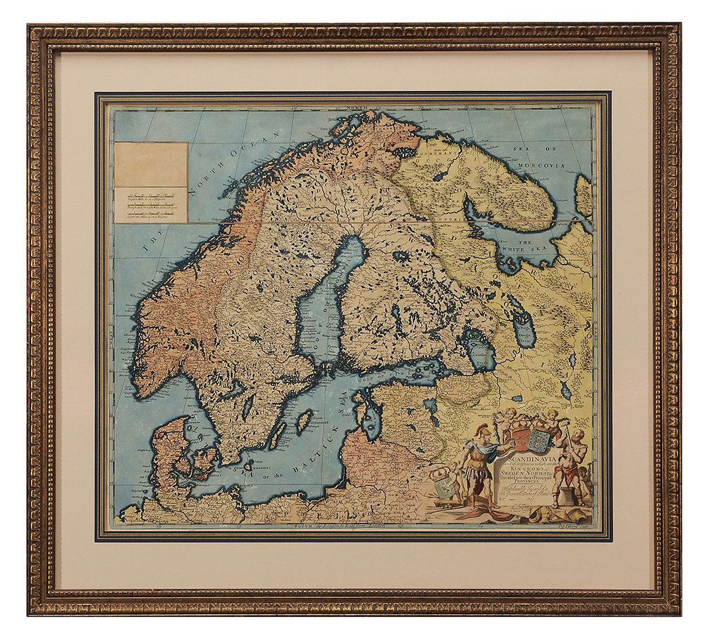 John Senex Map of Scandinavia: Scandinavie and Its Confines in Which are the Kingdom of Sweden, Norway & cc, "Most Humbly Inscribed to His Grace the Duke of Shandou", 1719, hand-colored engraving on-laid paper, 23 x 20 in.; modern