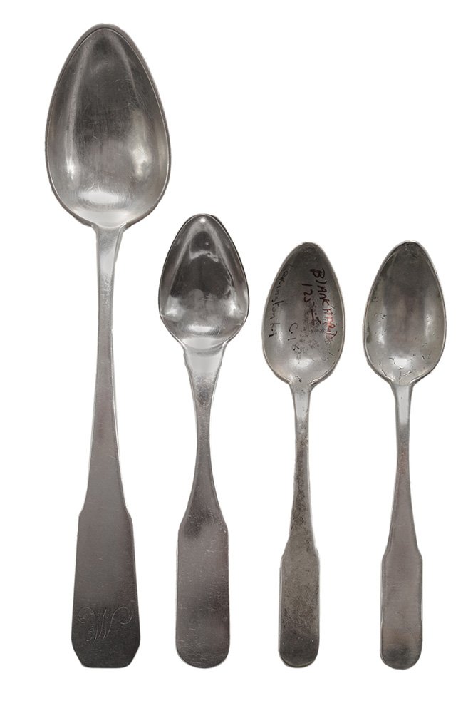 Four Asa Blanchard Coin Silver Spoons: American, 19th century, including one coffin handle, monogram, 7-1/2 in.; one fiddle handle, marked "Blanchard", no monogram, 5-1/4 in.; two fiddle handle, monograms, 5 in., [heavy wear, repairs], all