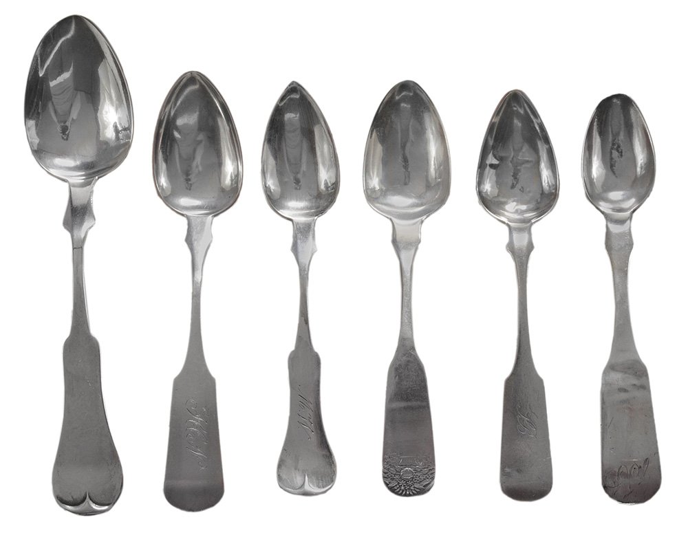 Six Kentucky Coin Silver Spoons: American, 19th century, fiddle style handles: Garner & Winchester; W. Hardman; S. B. Hall; D.P. Armer, [heavy wear]; Ayers & Beard (floral basket handle) and H. Terlau, monogram, 3.22 oz.T., 5-1/2 in.