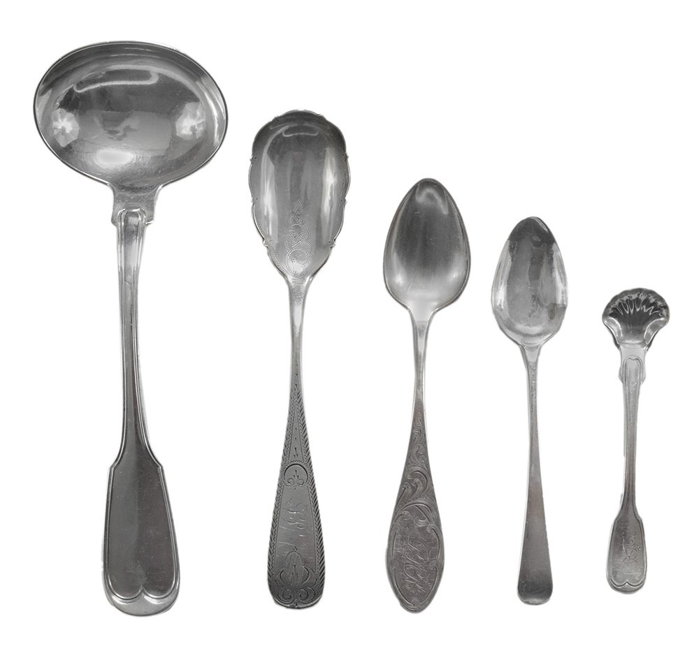 Twelve Pieces Virginia and Maryland: Coin Silver Flatware American, 19th century, two fiddle and thread ladles, marks for Andrew Ellicott Warner (Biltmore, Maryland, working 1805-1870); six engraved oval handles, Larmour (probably retail