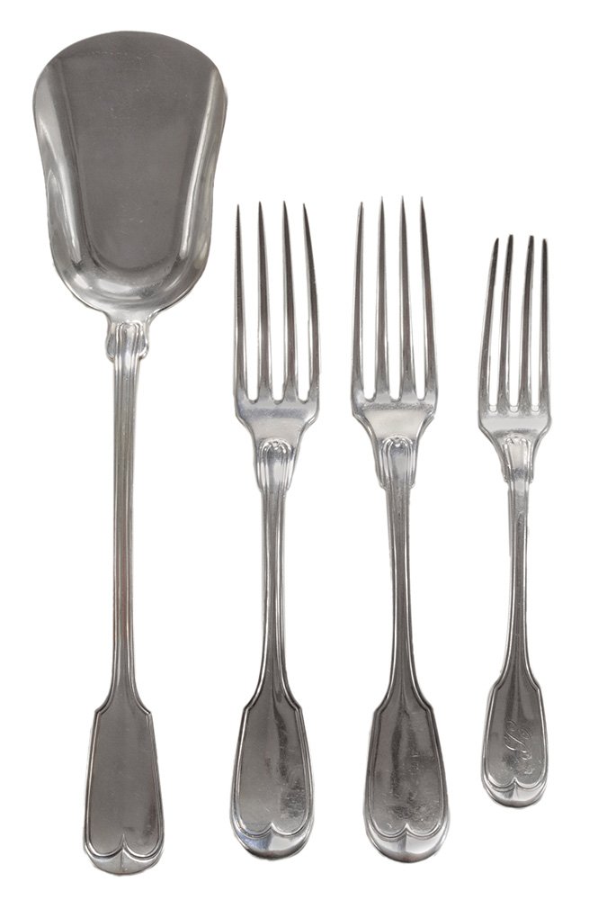 Four Pieces New Orleans Coin Silver: Flatware American, 19th century, fiddle and thread handles: one serving shovel, marks for retailer mark for H. E. Baldwin & Co. (New Orleans, Louisiana, working 1842-1870), 1845 pseudo hallmarks for m