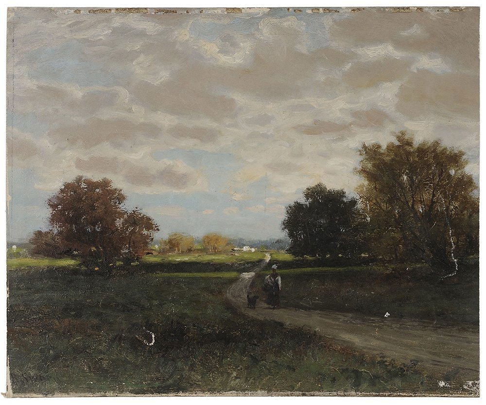 James Brade Sword: (Pennsylvania, 1839-1915) Landscape With a Woman and Dog on a Road, signed lower left "B.Sword", oil on canvas board, 10 x 12-1/8 in.; unframed, abrasions, reduced at both sides with portion of signat