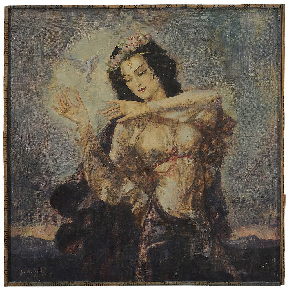 John William Orth: (California/Texas, 1889 - 1976) Beauty with Dove, 1947, signed lower left "J.W. Orth/July 1947", oil on plywood, 18 x 18 in.; original split yardstick 'frame', dry surface, grime, minor flaking, abras