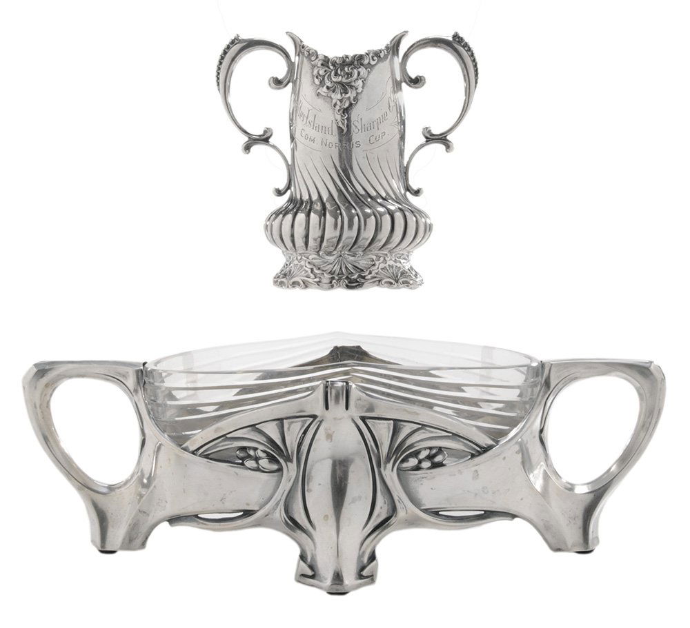 Gorham Sterling Trophy and German: Silver Jardinière Gorham two-handle trophy with shell and swirl decoration, inscribed "Won by/Cupid/Sept. 6th/1895", "Shelter Island Sharpie Club/Com. Norris Cup", 6.32 oz.T., 5 x 5 x 3-1/4 in.; Germ