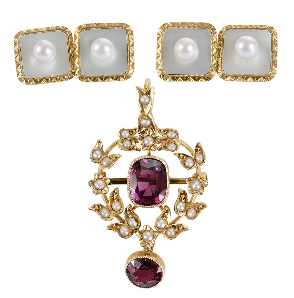 Cuff links, Vintage Pin/Pendant.: pair square-shaped vintage cufflinks, decorative engraved rims, square mother-of-pearl inserts, and a total of four very fine AAA quality 5.3mm Mikimoto cultured pearls of high/bright lustre and excel