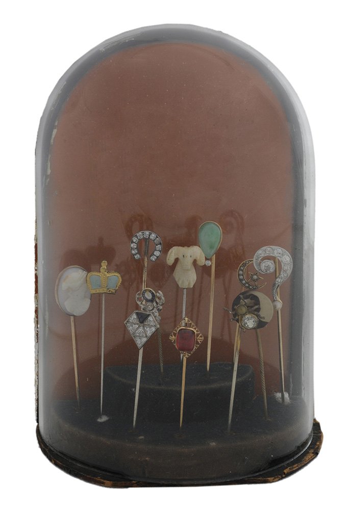 67 Vintage Stick Pins, Display Case: with various genuine, synthetic, and simulated gem materials, including, but not limited to, opal, diamond, onyx, amethyst, shell cameo, garnet, synthetic ruby, cultured pearl, salmon pink coral, blue