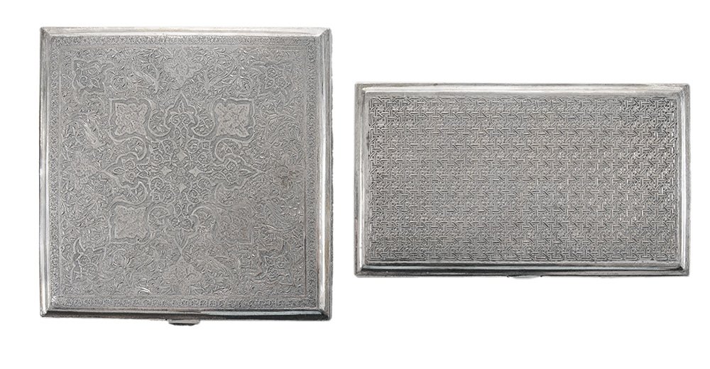 Two Persian Style Silver Box: 20th century, both with hinged lids and bracket feet: one square, 1-1/2 x 5-1/2 x 5-5/8 in.; one rectangular, 1-1/4 x 6-1/4 x 3-3/4 in., no monogram, 26.65 oz.T., good condition Provenance: Private Co