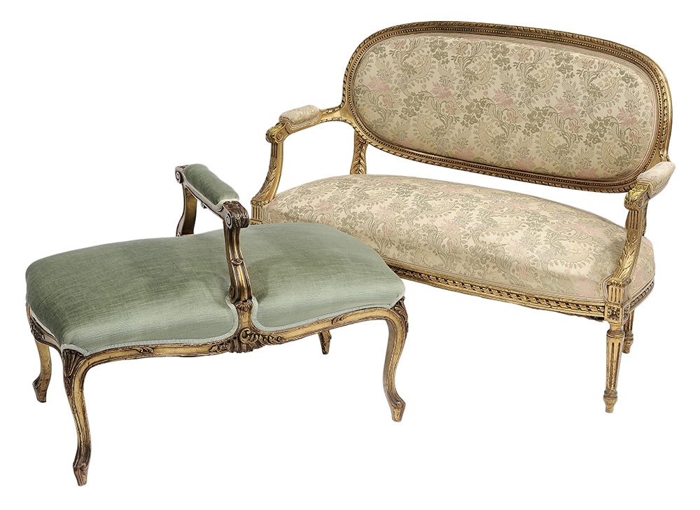 Louis XV Style Window Bench: and Louis XVI Style Settee French, late 19th/early 20th century: shell and leaf carving, pale blue/green velvet upholstery, 25-1/2 x 34-1/2 x 21 in., [gilding losses and surface wear overall, otherwis