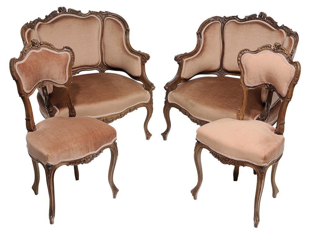 Louis XV Style Carved Walnut: Upholstered Parlor Suite French, late 19th/early 20th century, comprising a pair of armchairs and pair ballroom side chairs, finely carved walnut frames, matching upholstery, armchair 32-1/4 x 30-1/2 