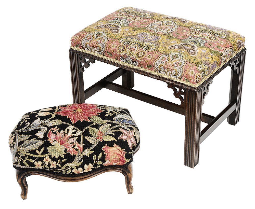 Two Decorative Upholstered: Footstools comprising a floral needlework upholstered low stool, probably French, late 19th century, 9-1/2 x 16-1/2 x 16 in., [good condition with surface wear and finish losses to frame;] with a Chip