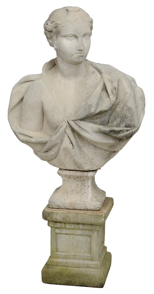 Cast Concrete Bust of Classical of: Female 20th century, female figure with cloak, socle base with pedestal stand, 47-1/2 x 25 x 10 in., weathering and surface wear with some resulting roughness, other surface dirt, stains and color var