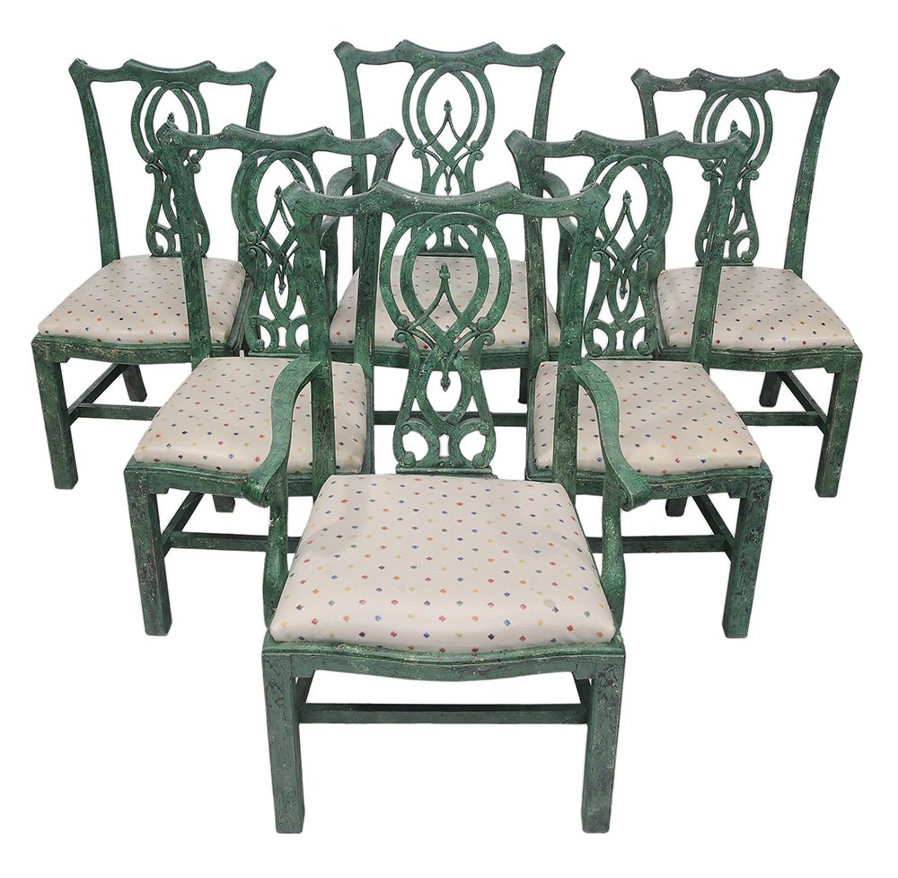 Set of Six Chippendale Style Paint-: Decorated Dining Chairs modern, comprising two arm and four side chairs, each with pierced splat and distressed green paint, upholstered slip seats, 38-1/2 x 19-1/2 x 23-1/2 in., generally good condit