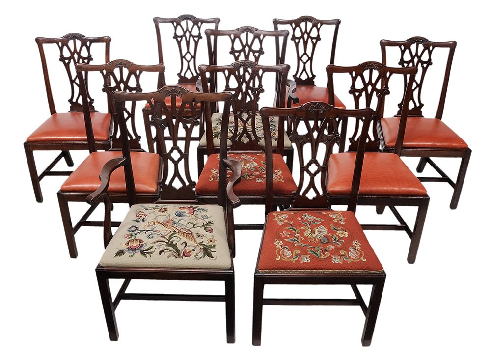 Set of Ten Chippendale Carved Dining: Chairs British, four period, late 18th century, six made to match, comprising four carved fruitwood period side chairs and six carved mahogany chairs made to match, two arm and four side, each with go
