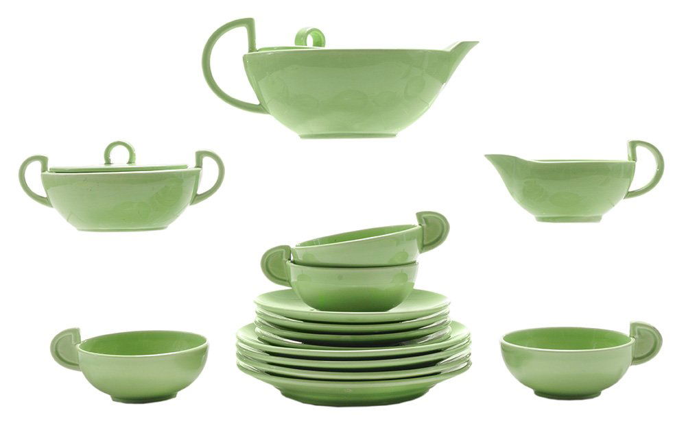 Vintage Green Glaze Ceramic: Dessert Set, German, 20th century, circa 1940s, possibly designed by Eva Zeisel (Hungarian-American, 1906-2011), consisting of a 4-3/4 x 10 x 6 in. teapot with cover , sugar bowl with cover, creamer,