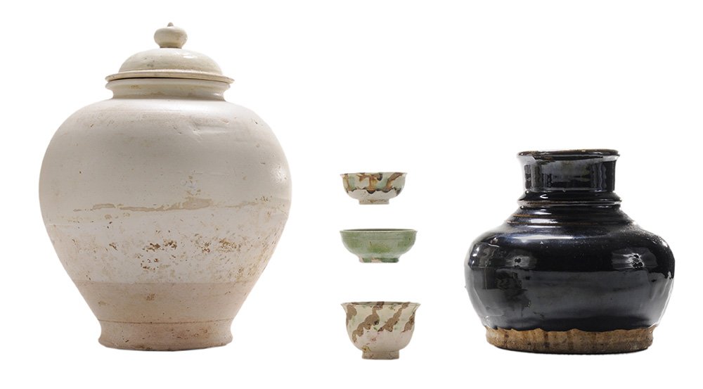 Chinese Lidded [Yue] Jar, Black Ding: Ware Vase and Three Small Cups Chinese, 19th/20th century, lidded jar with removable cover, lid and top half of body glazed, bottom unglazed terminating to a circular base, 12 x 9 in., [flakes, glaze 