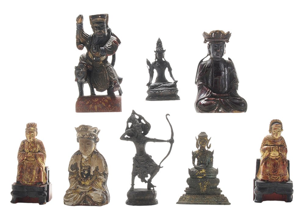 Eight Metal and Wood Figures: Chinese and Indian, 19th and 20th century, including a gilt and painted Chinese warrior figure with panther, 10 in., [missing element from figure's left hand, approx. 3 in. age crack to base, surface 