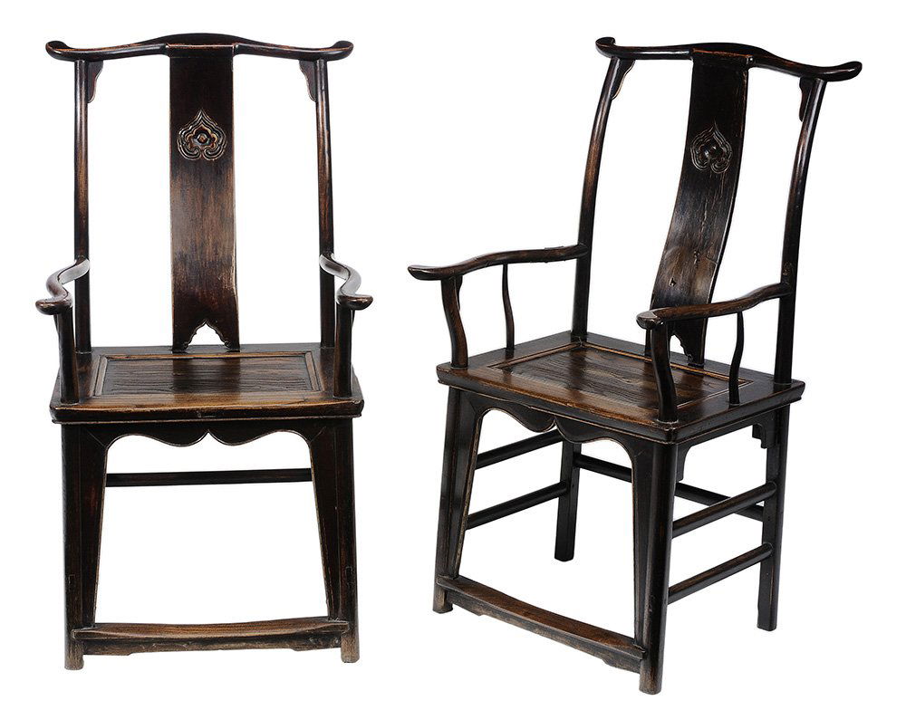 Pair Ming Style Open-Arm Chairs: Chinese, 19th or 20th century, mixed woods with tenon construction and rich mulberry stain, carved splats and plank seats, 45 x 23 x 21 in., surface wear and finish losses, large patch and repair at b