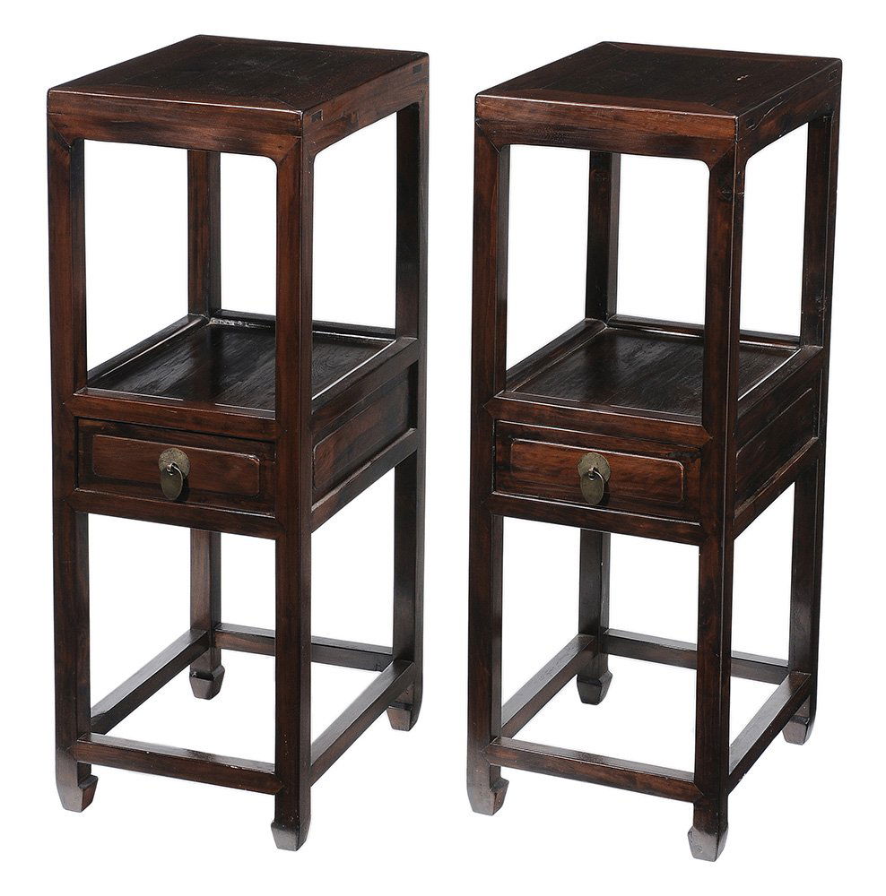 Pair Chinese Two-Tier End Tables: 20th century, each with single drawer, paneled sides, through-tenon construction, 35 x 16 x 12-1/2 in., scattered cracks and surface wear, minor surface loss at one stretcher Provenance: Property of a