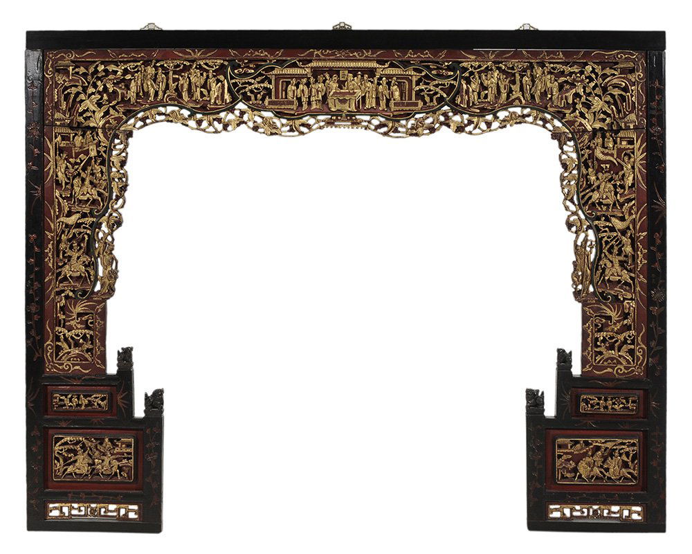Elaborately Carved Gilt and Paint-: Decorated Headboard Panel Chinese, 19th/20th century, figure and landscape carving throughout, several signature panels, in ebonized and parcel gilt frame set with brass hangers, 63-1/2 x 81 x 1-3/4 i
