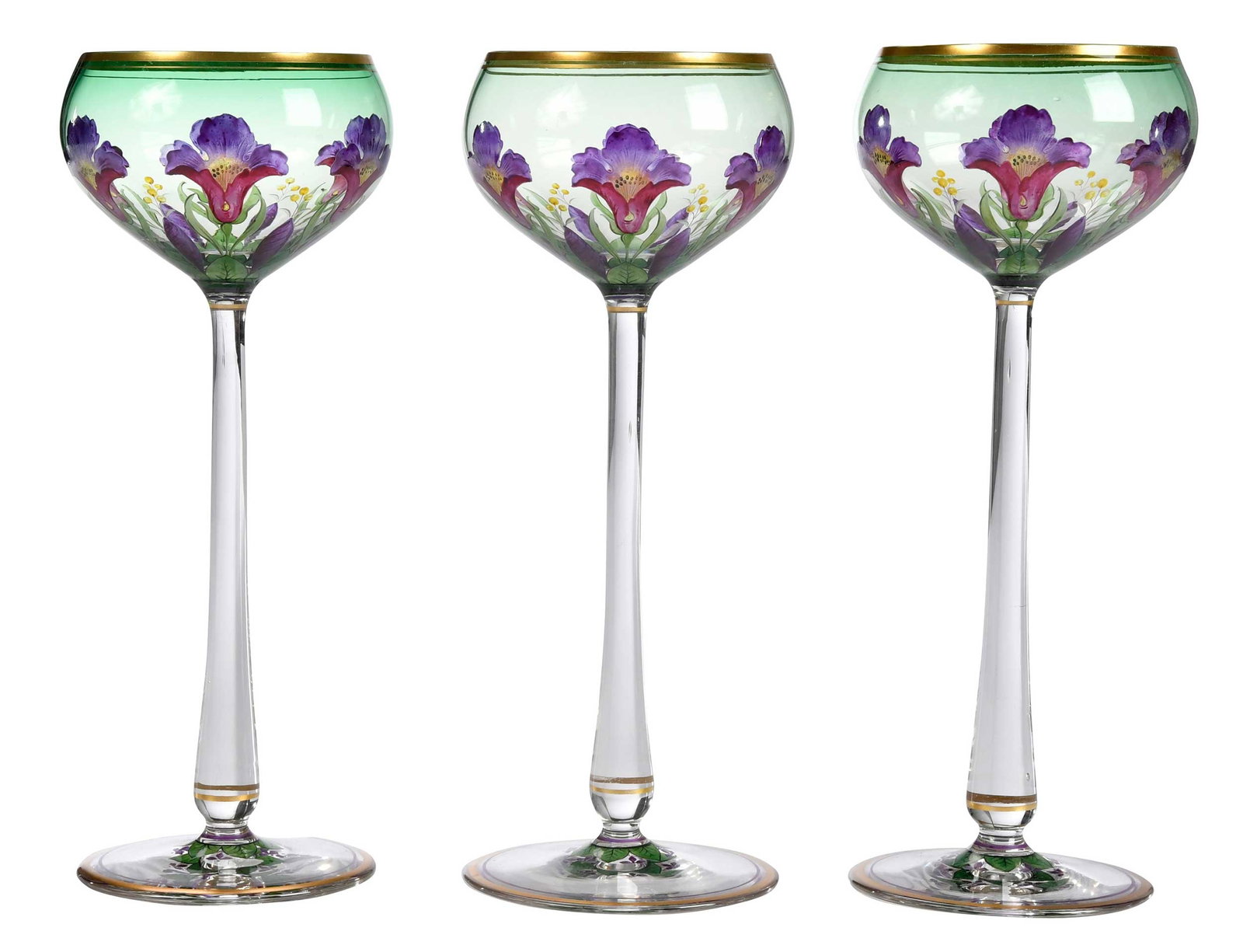 Eleven Enamel Decorated Hock Glasses with Floral Motif: possibly Continental, with purple flower motif and gilt rim, 8-3/4 x 3-1/2 x 3-1/2 in. Provenance: Private Collection, New York