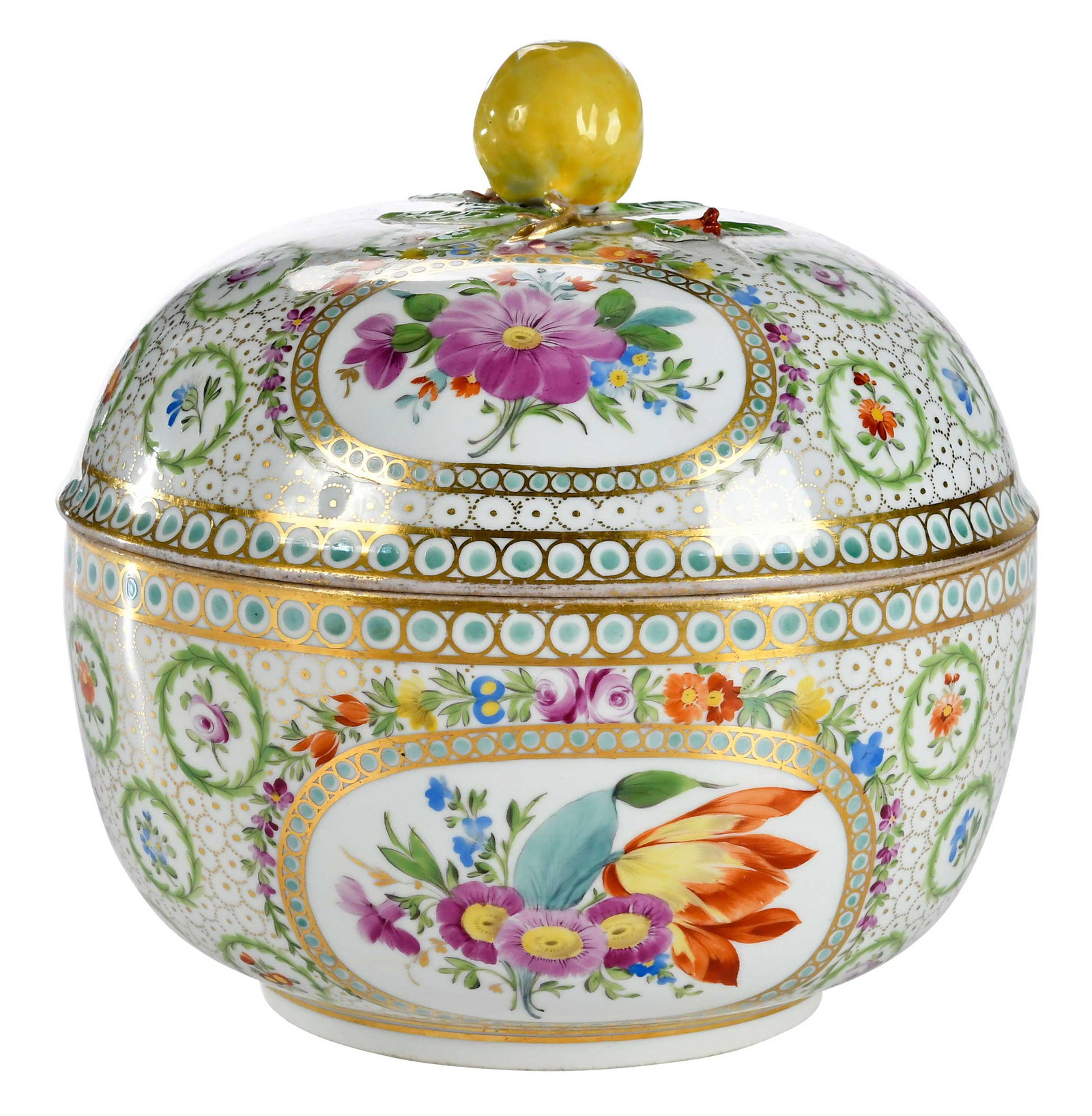 Marcolini Meissen Covered Bowl with Lemon Finial: German, late 18th/early 19th century, crossed swords and asterisk mark to base, elaborately gilt and enamel decorated with floral sprays, 7 x 7 x 7 in. Provenance: Private Collection, Asheville,