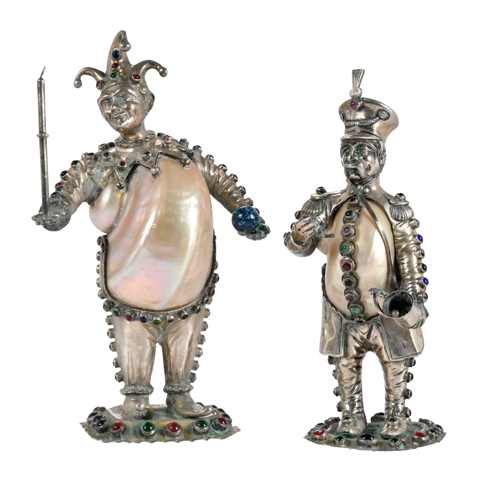 Two Continental Turbo Shell and Silver Figures: possibly Austro-Hungarian, turbo shell body with colorful synthetic accents, one soldier holding a bell and jester holding blue glass ball, one with partial marks, test .900 fine, 8-1/4 in. and 9-1/4