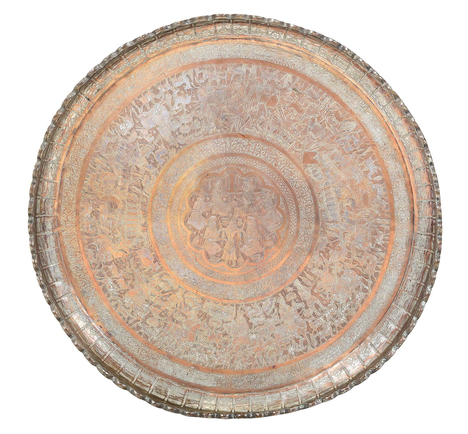 Large Persian Tin on Copper Scalloped Charger: late 18th/19th century, engraved with hunt motifs and seated figures, 26-1/2 x 26-1/2 x 2 in. Provenance: Private Collection, Morganton, North Carolina