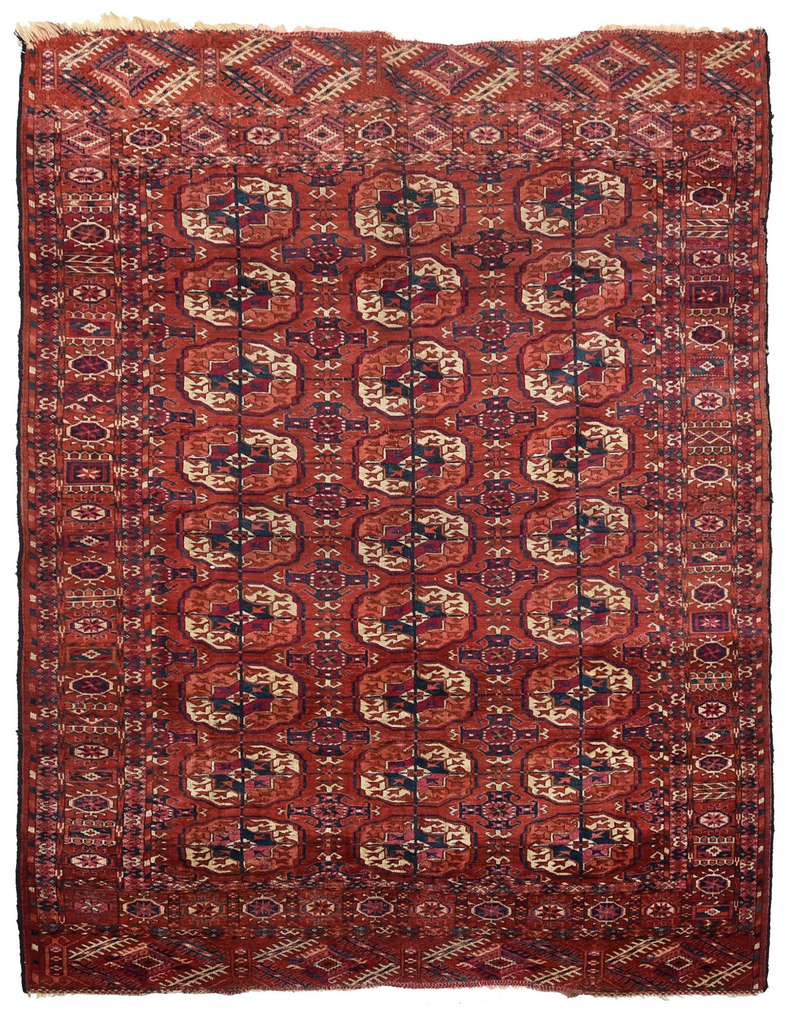 Turkmen Bokhara Rug: first half 20th century, repeating gul design in red, blue, and white; 5 ft. 4 in. x 4 ft. 2 in. Provenance: Brunk Auctions, lot 380, September 11-12, 2010; Private Collection, Asheville, North