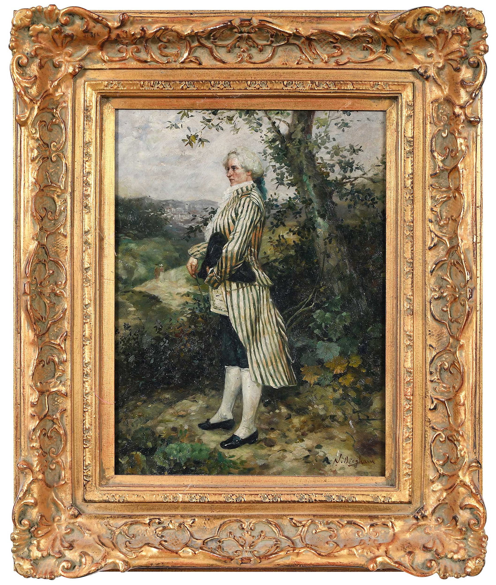 Decorative Portrait of an Elegant Gentleman: (Continental, 20th/21st century) Full length of a man in a striped coat, inscribed lower right "N. Bingham", possibly in the manner of Frederick Hendrik Kaemmerer (Dutch, 1839-1902), oil on panel, 16 