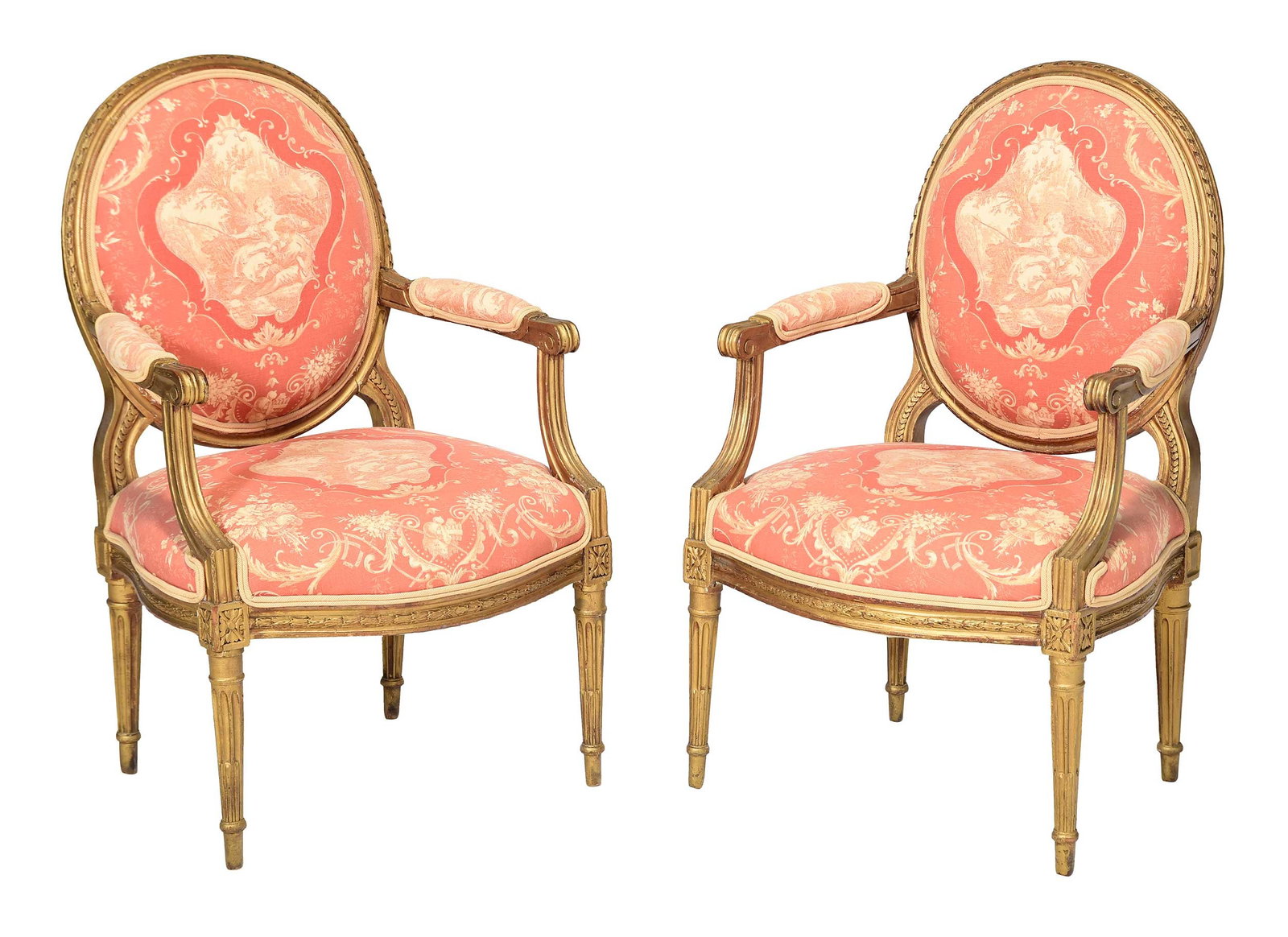 Pair of Louis XVI Style Paint Decorated Fauteuils: 20th century, carved frames with gold paint, white on red floral and foliate pattern upholstery with figural scenes, 36 x 23-1/2 x 23 in., seat heights 16-1/4 in. Provenance: Property of a South Carol